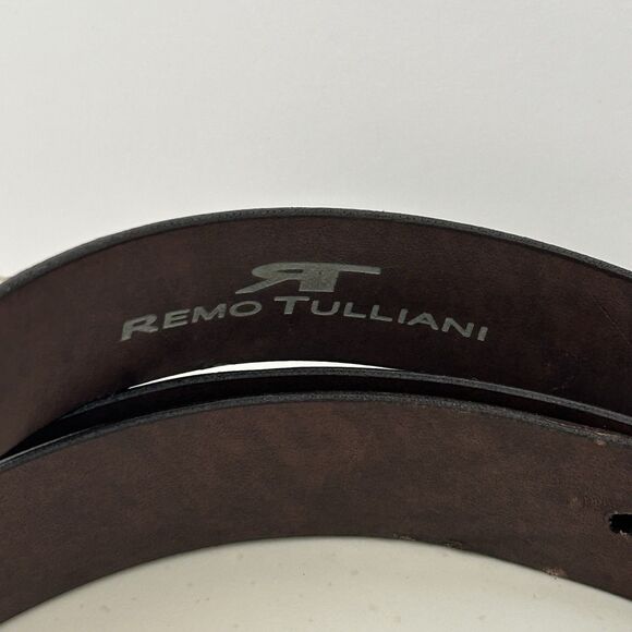 REMO TULLIANI 5173 Belt Men Sz 54 Brown Genuine Leather Solid Brass Buckle Italy - Picture 2 of 10